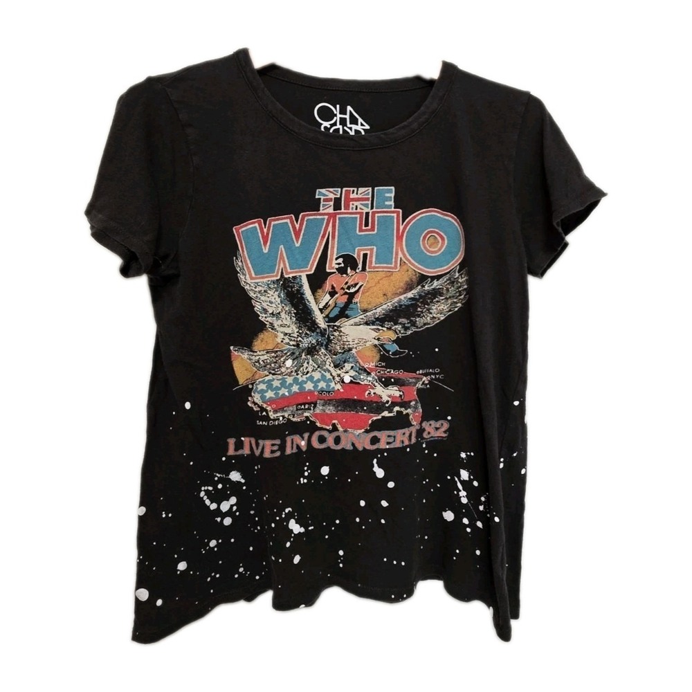 Chaser The Who Concert Graphic Band T-Shirt Black Distressed Womens Size Medium